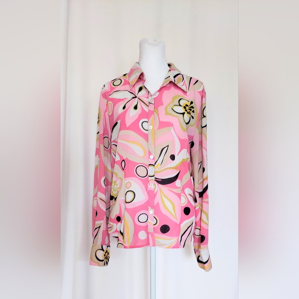 A Line Collared Button Down Pink Psychedelic Pattern Top Blouse Womens 10